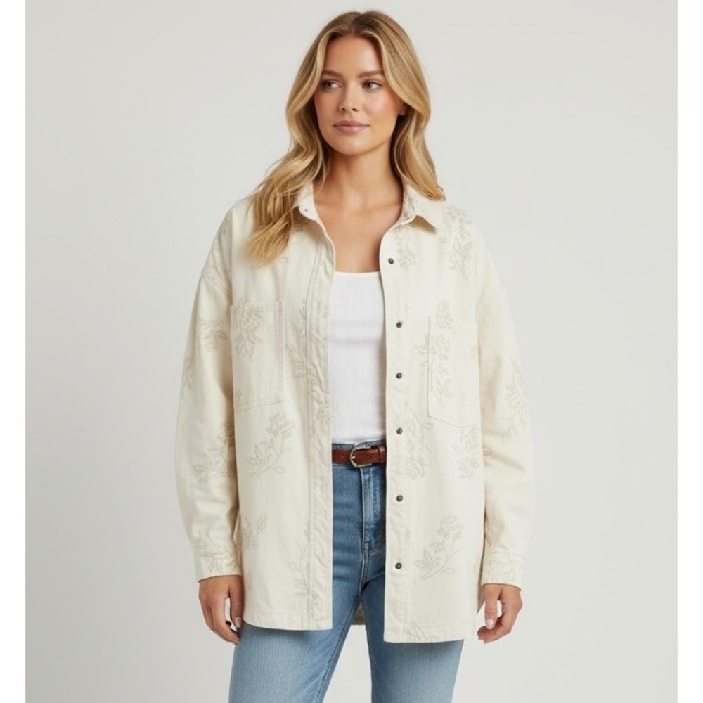 Oak + Fort Embroidered Large Floral Cotton Shacket Shirt Cream Beige Women's